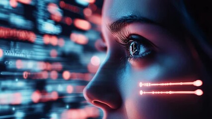 Programmer reading code on digital display in futuristic style