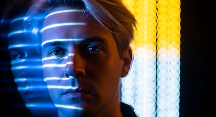Man with blue light stripes on face in front of bokeh lights