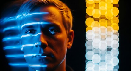 Man with blue light stripes on face in front of bokeh lights