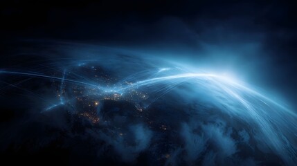 Wall Mural - digital network of light trails illuminate the earth s surface at night symbolizing global communica