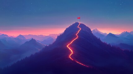 Wall Mural - Scenic view of a winding illuminated trail reaching a mountain peak with a red flag under a serene sky

