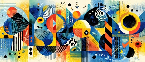 Wall Mural - vibrant abstract painting with geometric shapes in blue, yellow, and red modern art with bold colors