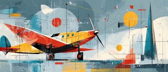 Wall Mural - abstract airplane illustration with vibrant colors and geometric shapes, aviation art in a modern st