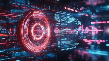Futuristic hud display showing programming code and data analysis