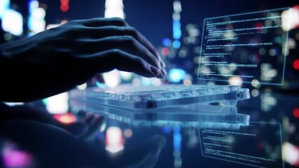 Programmer Typing Code on Futuristic Keyboard.