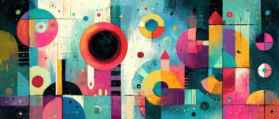 Wall Mural - vibrant abstract painting with geometric shapes and bold colors modern art with circles, squares, an