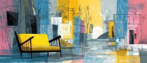 Wall Mural - abstract colorful painting of a yellow sofa in an interior with architectural elements and nature mo