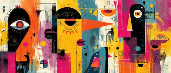Wall Mural - vibrant abstract painting with geometric shapes and bold colors, evoking modern art and cubism style
