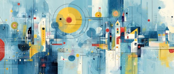 Wall Mural - abstract cityscape painting with geometric shapes and vibrant colors modern art illustration of urba