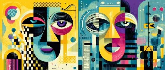 Wall Mural - abstract colorful face art with geometric shapes and vibrant colors in a modern artistic expression,