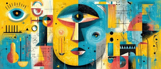 Wall Mural - vibrant abstract face art with geometric shapes in yellow and blue, modern cubism style painting wit