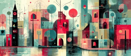 Wall Mural - abstract cityscape painting with tower and geometric shapes in red, teal, and beige modern art illus