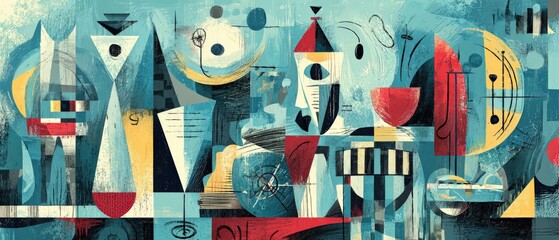 Wall Mural - abstract geometric painting with nautical theme in blue, red, and yellow, evoking midcentury modern 