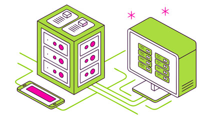 Isometric illustration of server rack monitor and mobile phone connected by green lines in network