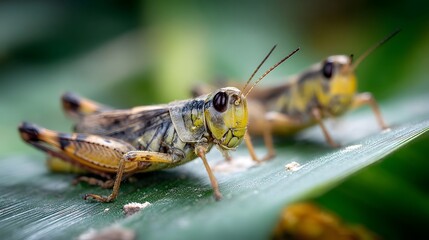 Close up of two grasshoppers resting on a vibrant green leaf showcasing intricate details of their bodies and natural environment