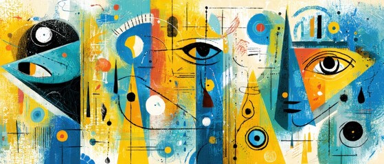 Wall Mural - vibrant abstract painting with geometric shapes and eye motifs in blue, yellow, and black modern art