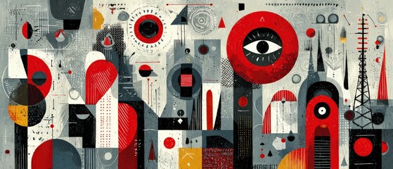 Wall Mural - abstract geometric painting with red circles, eye symbol, and tower modern art with bold shapes and 
