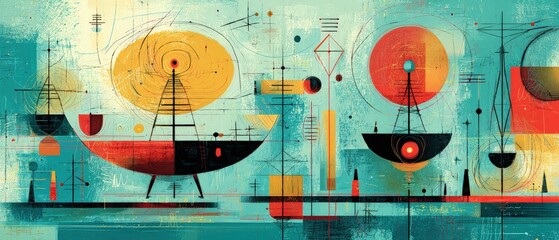 Wall Mural - atomic age abstract art with geometric shapes and retro futuristic design in teal, yellow, and red m