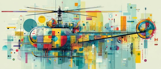 Wall Mural - abstract geometric helicopter illustration with vibrant colors and modern design, showcasing aviatio