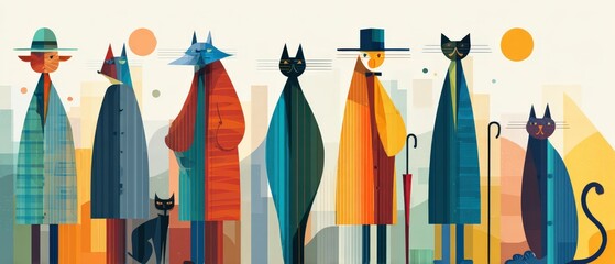 Wall Mural - whimsical cats in coats illustration, colorful feline characters in cityscape, abstract animal art