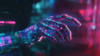 Robotic hand reaching out in futuristic neon lit environment