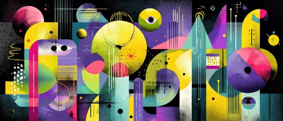Wall Mural - vibrant abstract geometric art featuring circles, triangles, and lines in a retrofuturistic style co
