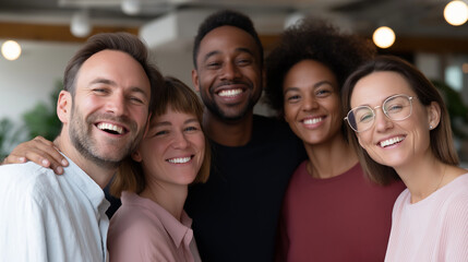 A joyful creative media team embracing in an office setting cheerful expressions and open body language showing solidarity bright interior lighting with modern décor in the