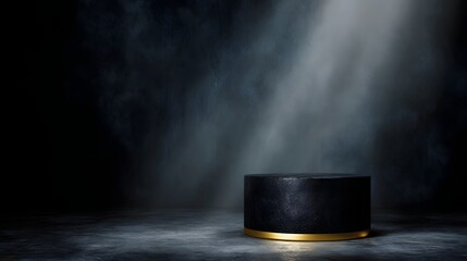 Wall Mural - elegant black cylindrical podium with a golden rim stands under a dramatic spotlight against a dark 