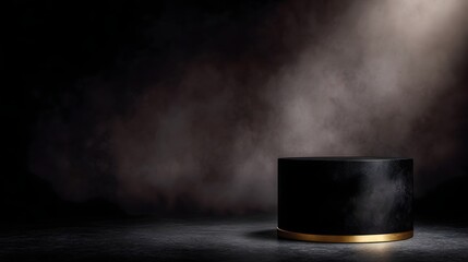 Wall Mural - a sleek black cylindrical podium with a gold rim stands dramatically lit by a spotlight against a my