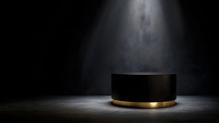 Wall Mural - a sleek black and gold podium is dramatically illuminated by a spotlight against a dark textured con
