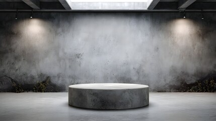 Wall Mural - minimalist concrete podium in a dimly lit industrial space with textured walls illuminated by spotli
