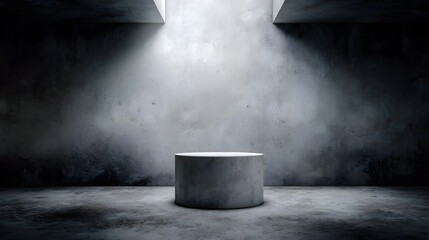 Canvas Print - minimalist concrete cylinder podium illuminated by a dramatic spotlight from above set in an industr
