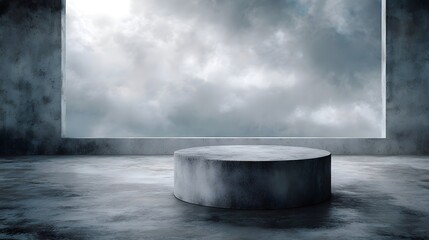 Wall Mural - minimalist concrete cylinder podium in an industrial room with a large window overlooking a dramatic