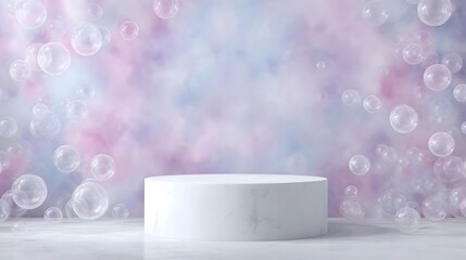 Wall Mural - a pristine white marble podium stands ready for product display surrounded by numerous iridescent so