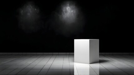 Wall Mural - a minimalist white cube stands prominently on a reflective tiled floor in a dark spotlight illuminat
