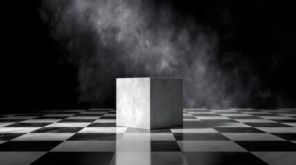 Wall Mural - white marble podium stands prominently on a glossy black and white checkered floor illuminated by a 