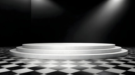 Wall Mural - modern white tiered podium on a reflective black and white checkered floor dramatically lit by spotl