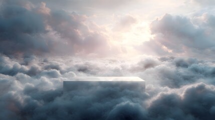 Wall Mural - a gleaming reflective podium floats above a vast sea of dreamy clouds bathed in ethereal sunlight cr