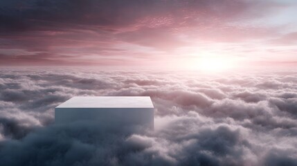Canvas Print - Minimalistic white podium floating above an endless expanse of fluffy clouds bathed in the soft glowing light of a pink and purple sunrise
