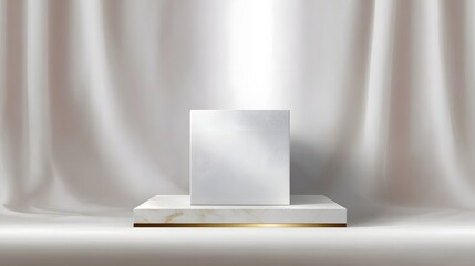 Wall Mural - elegant white cube on a luxurious marble podium with a golden accent set against a soft draped fabri