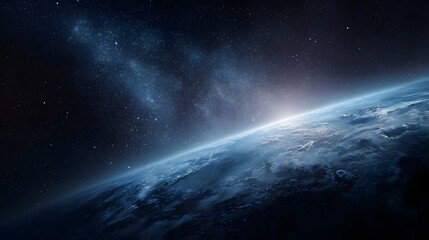 Wall Mural - view of planet earth from outer space showcasing a bright glow from the sun rising above the horizon