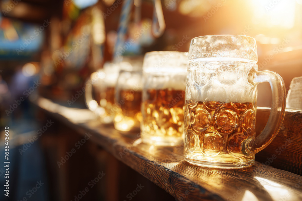 Several frosty mugs of beer catch the warm glow of the setting sun as people gather to celebrate Oktoberfest, embracing the fall atmosphere and lively spirit of the season