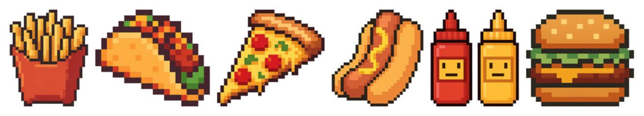Wall Mural - PNG Pixelated fast food icons, element set on transparent background