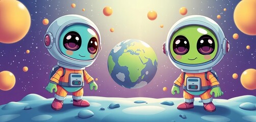 Wall Mural - Cute alien astronauts explore Earth! Vibrant colors, whimsical design, big eyes, friendly faces,  space adventure,  colors