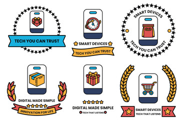 A set of six badges with the words 