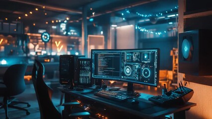 Powerful computer showing futuristic software and code in modern office