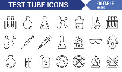Collection of laboratory test tube icons in line art style with molecules, syringe, and experiment tools