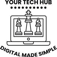 Wall Mural - A black and white image of a laptop with three chess pieces on it