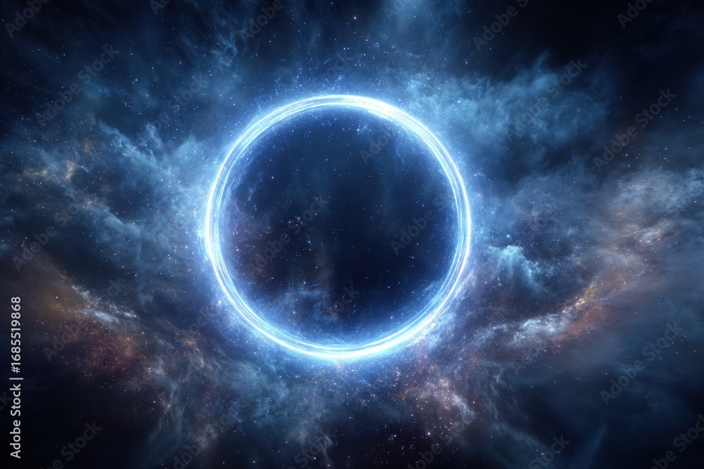Vibrant photo of blue, glowing ring of energy floats in space, surrounded by swirling nebulae and stars. the circle is symmetrical, with bright edges, creating an ethereal.