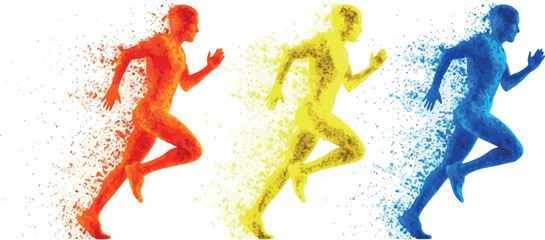 Vector vector art of three runners in red, yellow, and blue, exploding into particles, symbolizing speed and energy transparent background